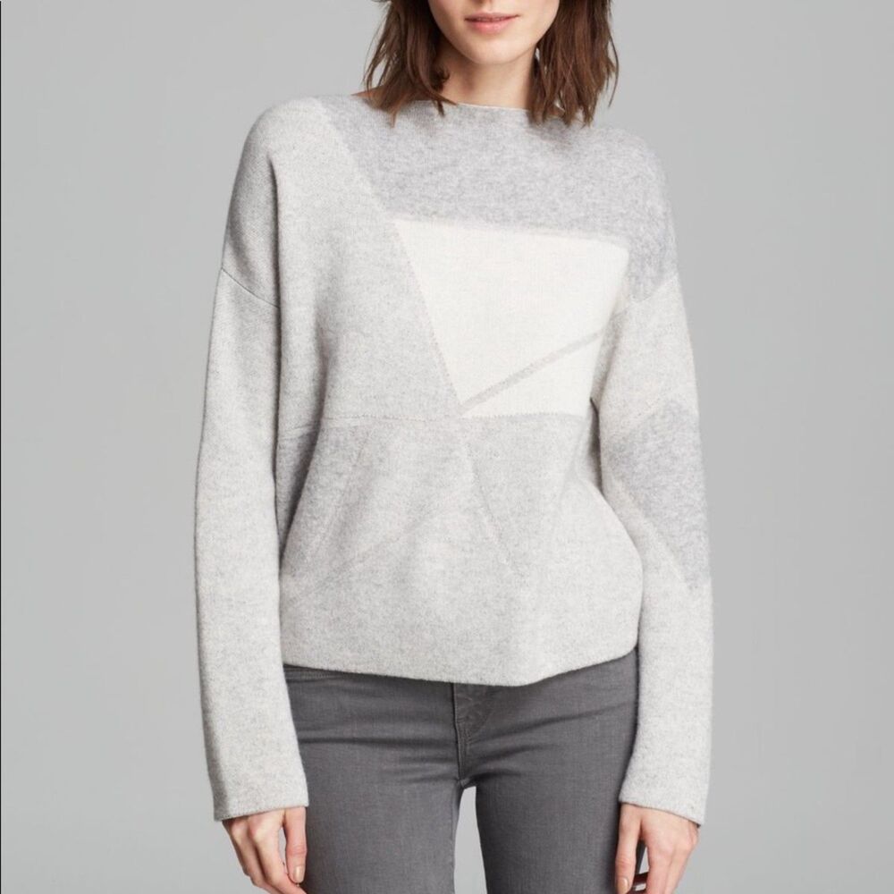 Vince Wool Cashmere Abstract Jacquard Boatneck Sweater Grey Cream S